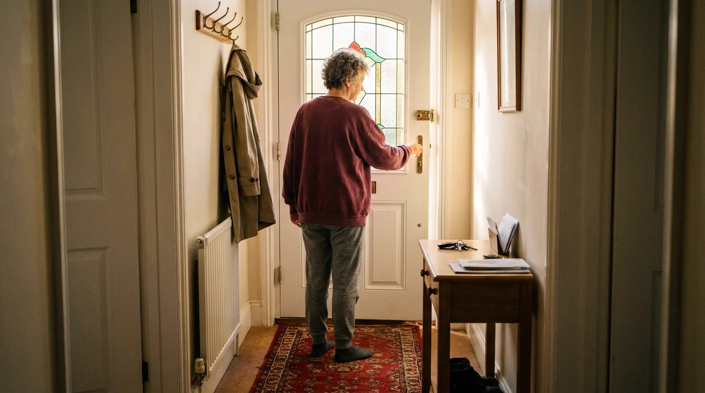 A woman in a baggy sweater hesitating at her front door