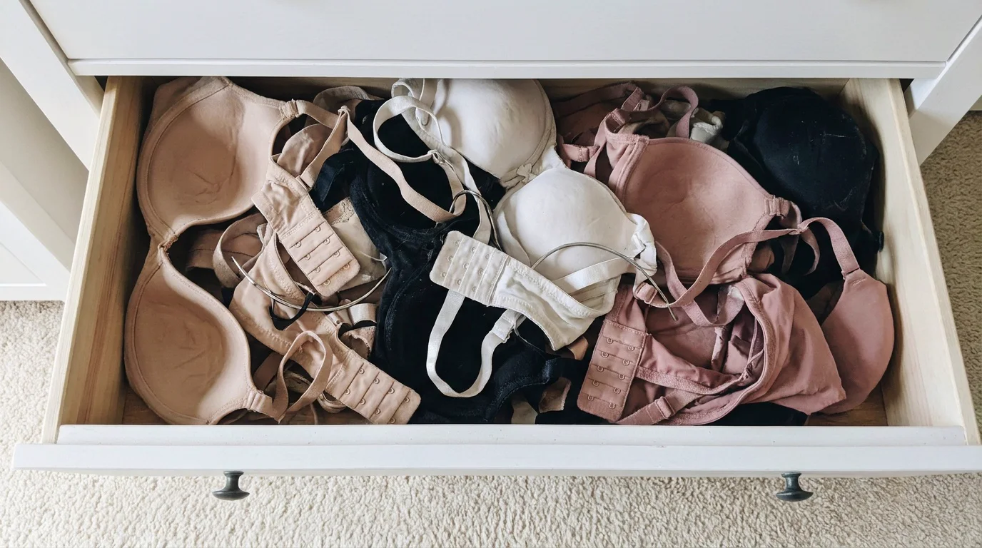 A drawer overflowing with old tangled bras