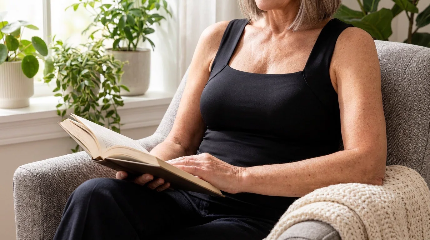 A woman in a black tank reading in an armchair