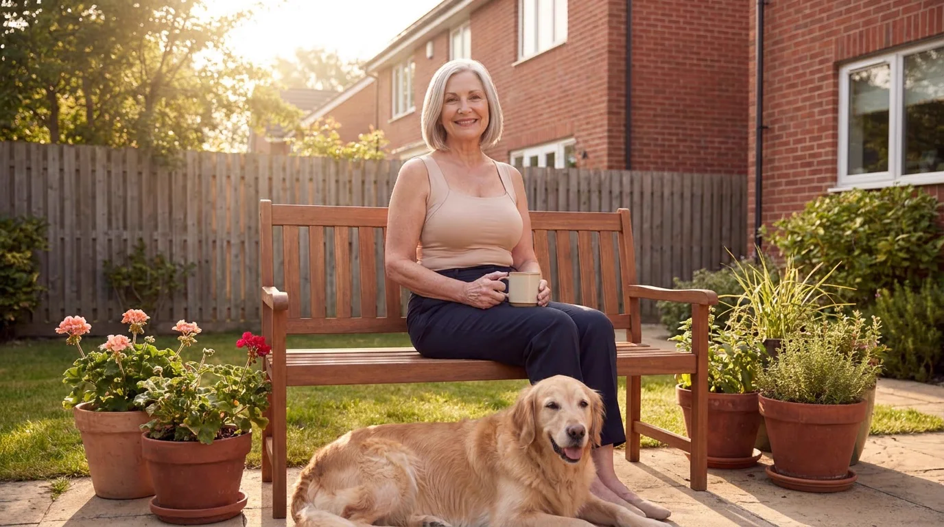 A woman in the beige tank on a garden bench with a mug and her dog