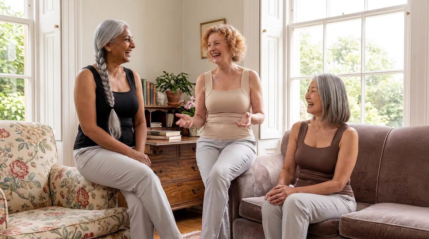 Three women in black, beige and brown Comfort Tanks