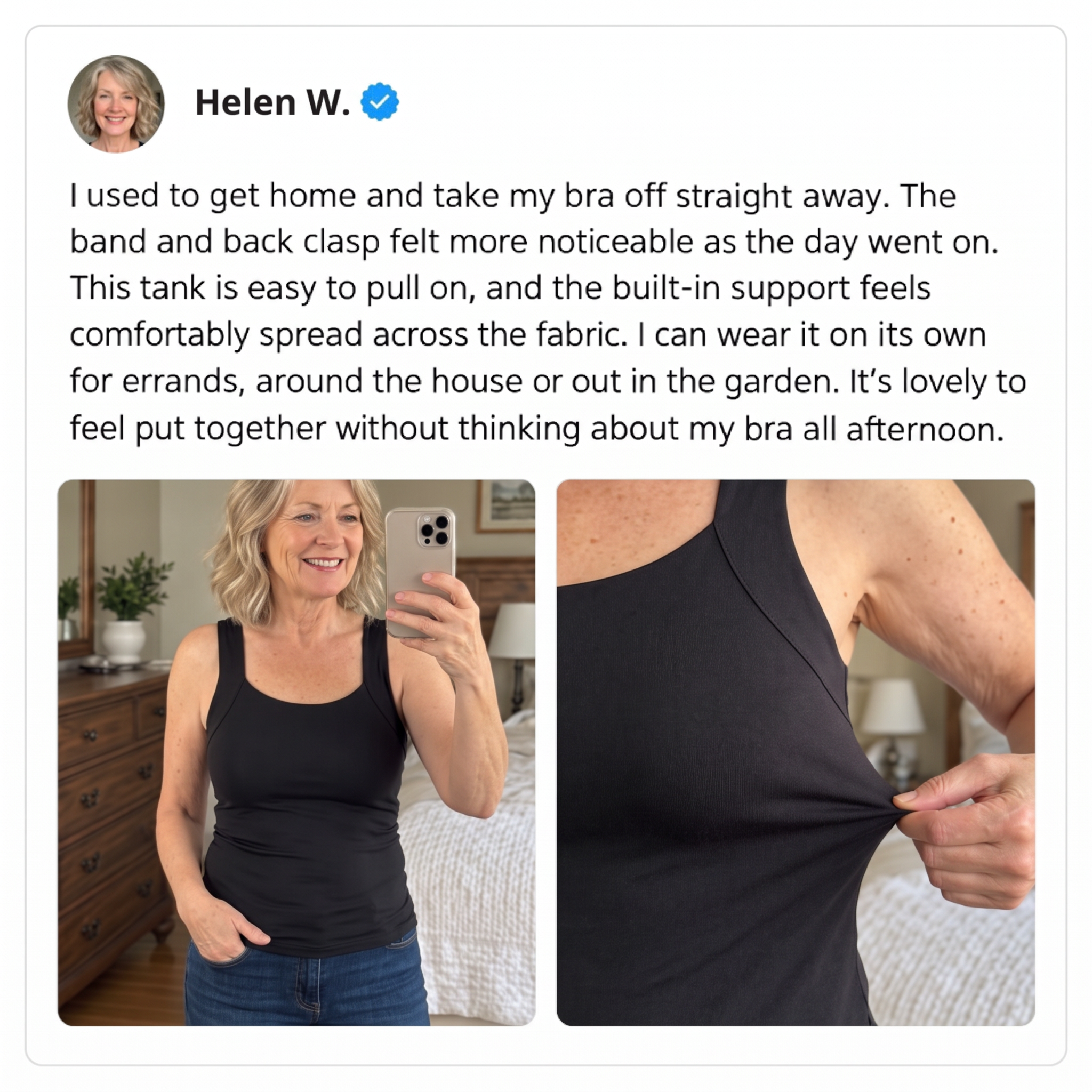 Review image headed Helen W., with photos of a woman wearing a black tank