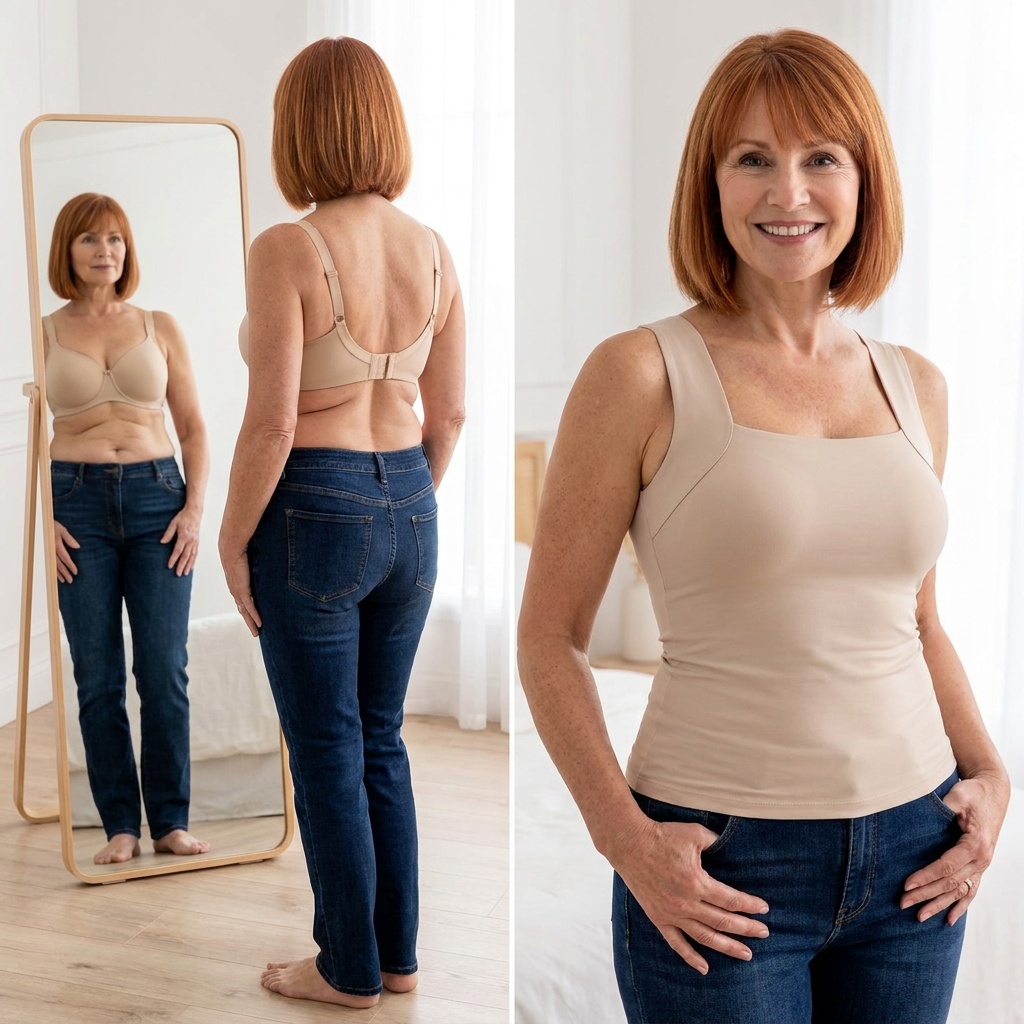 Comparison of a bra and the Comfort Tank beside a mirror