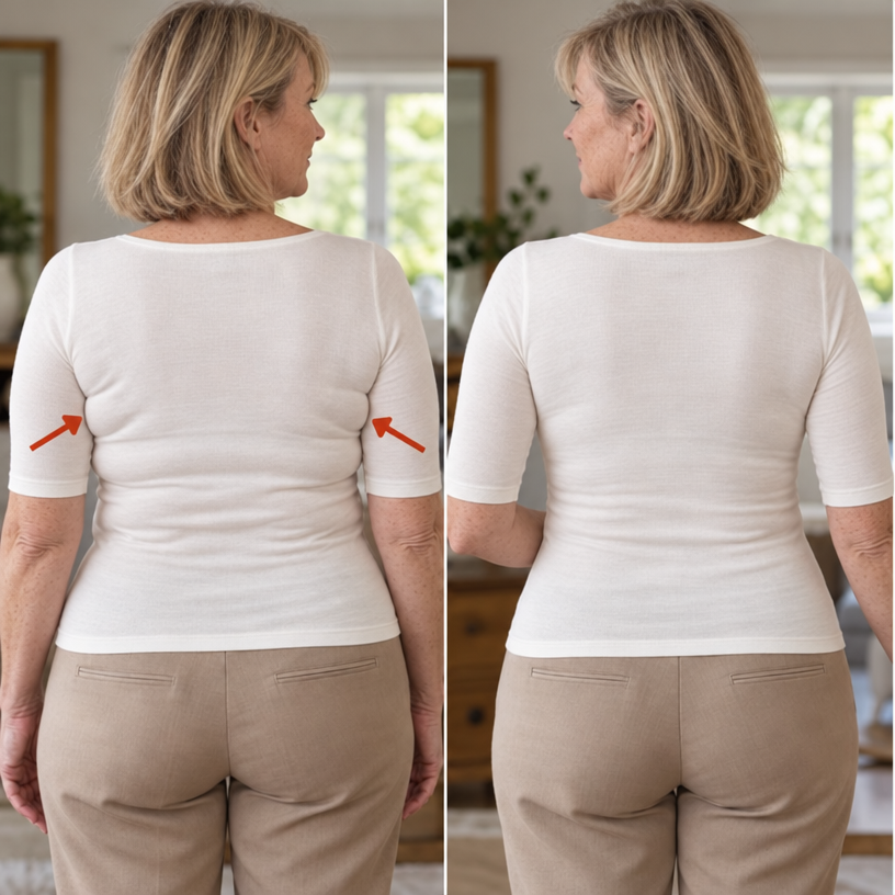 Rear-view comparison under a white top, with arrows highlighting the bra-band line on the left