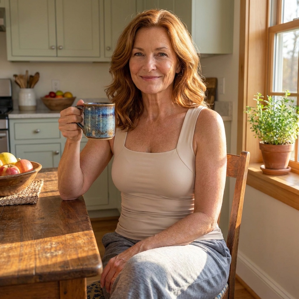Mature woman wearing the Comfort Tank with a mug at a kitchen table