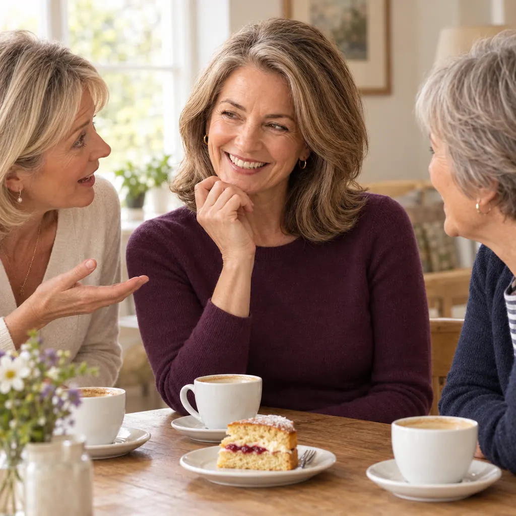 Three women laughing over coffee and cake
