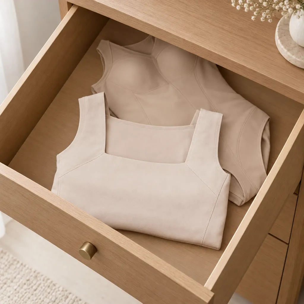 A shapewear bodysuit pushed to the back of a drawer, the tank folded on top