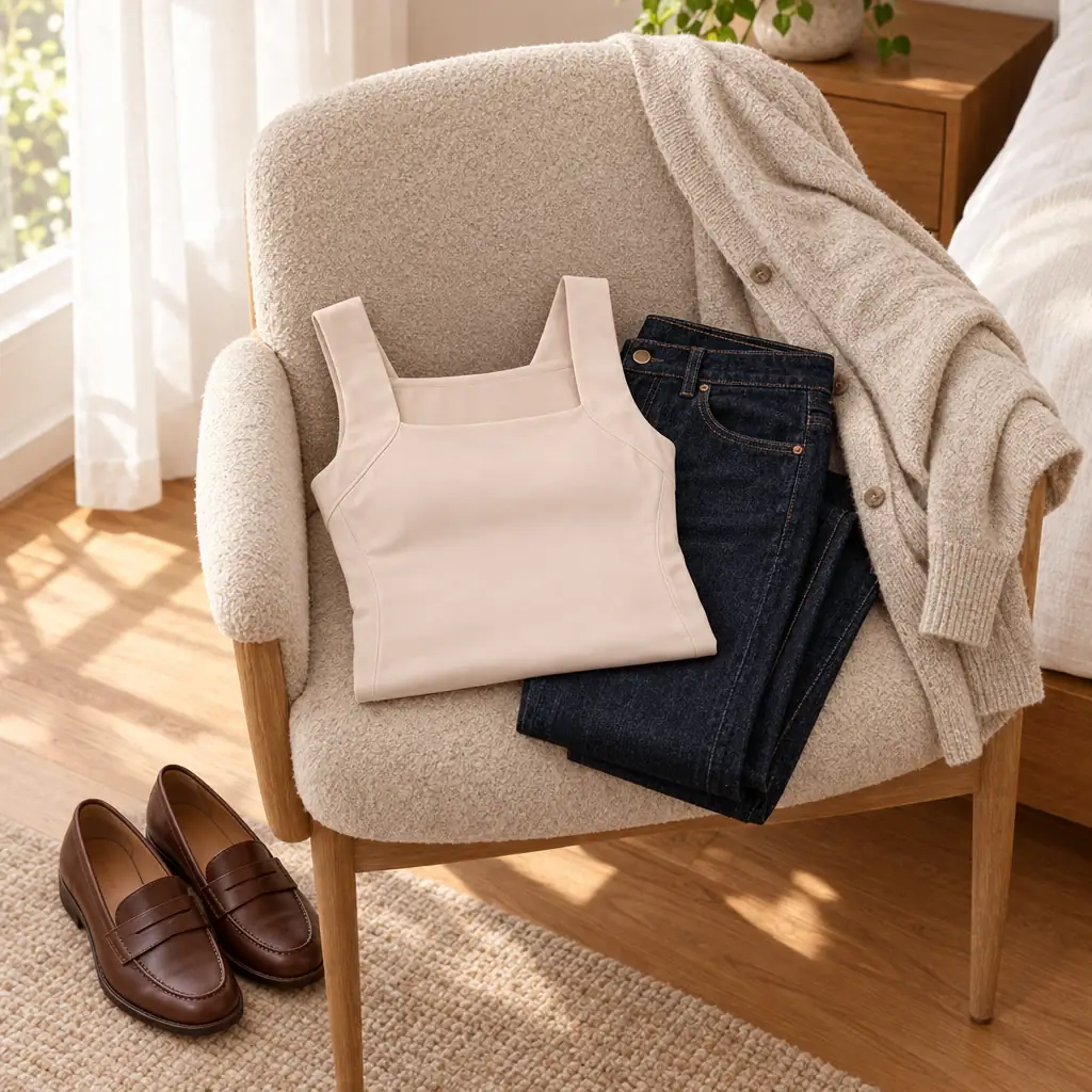 The tank, jeans and a cardigan laid out on a chair