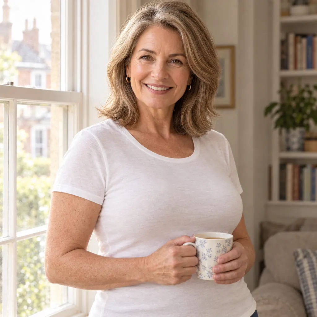 Woman in a thin white T-shirt by a window, holding a cup of tea
