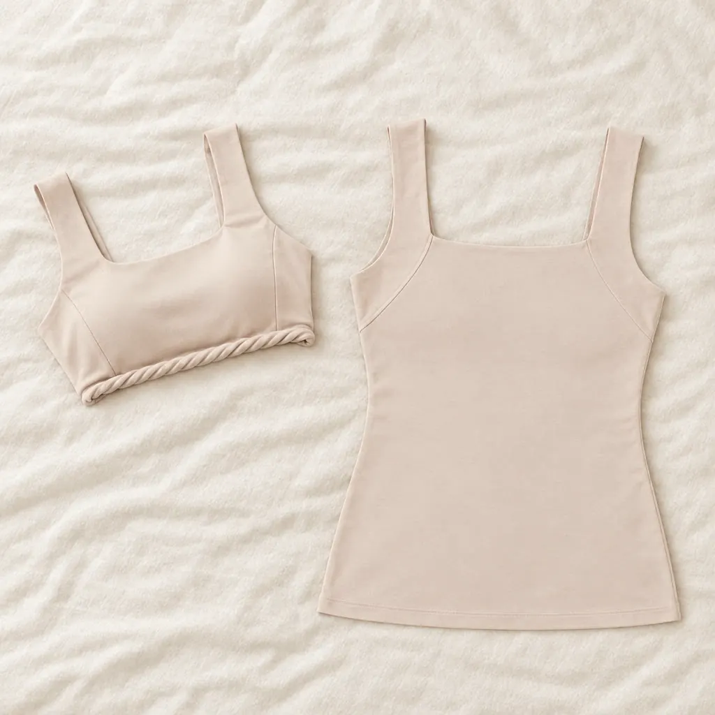 A bralette rolled into a cord next to the hip-length tank