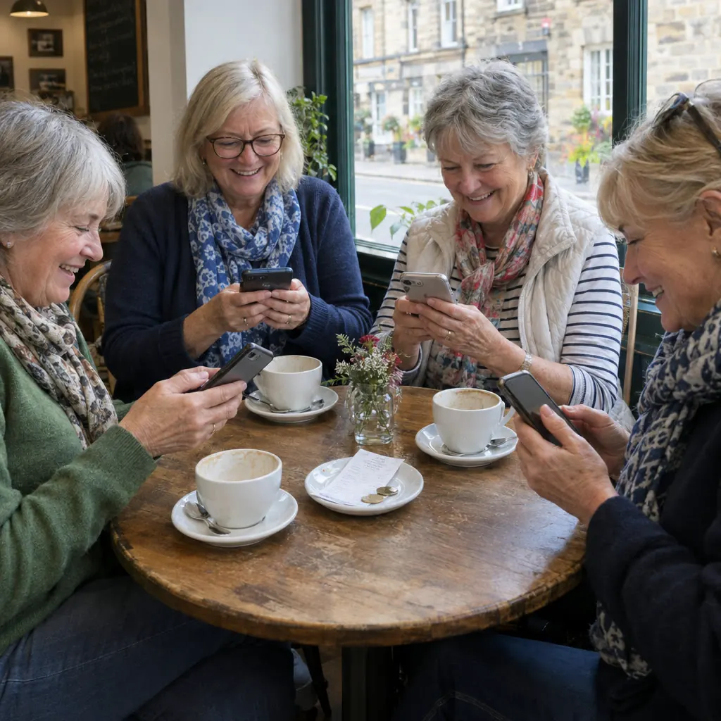 Four friends at a cafe table ordering on their phones